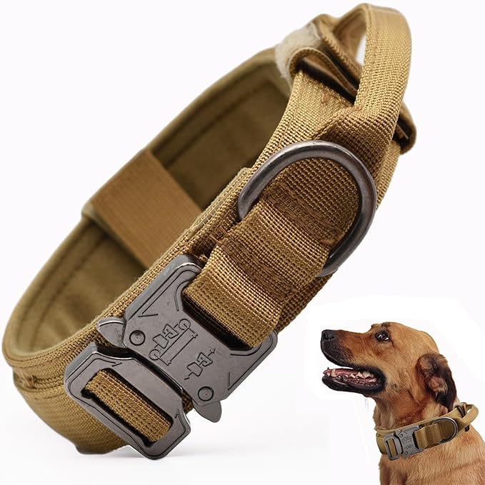 Tactical Dog Collar, Adjustable Military Training Nylon Dog Collar with Control Handle and Heavy Quick-Release Metal Buckle for Small Medium Large Dogs, Brown XXL