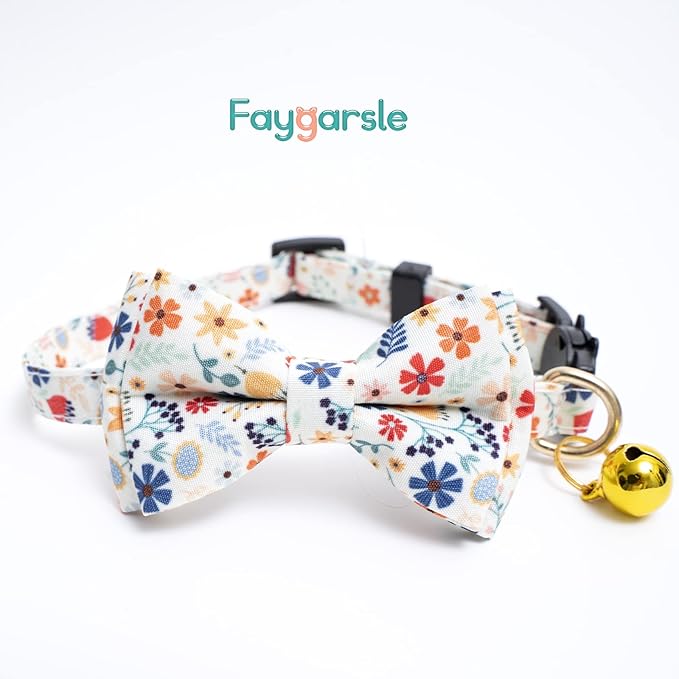 Faygarsle 2 Pack Cotton Designer Breakaway Cats Collar with Bow Tie and Bell Cat Collars for Girl Female Cat Collar with Bell Collars for Cats Flower Pattern
