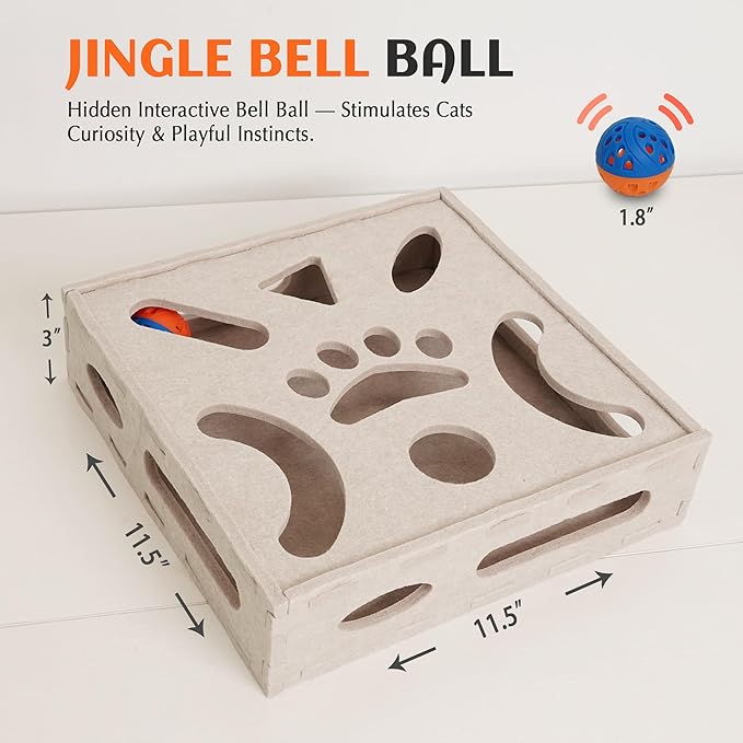 PETKARAY Felt Cat Puzzle Toy, Interactive Cat Toys for Indoor Cats, Interactive Maze for Kitten Felt Puzzle Box with Ball, Beige