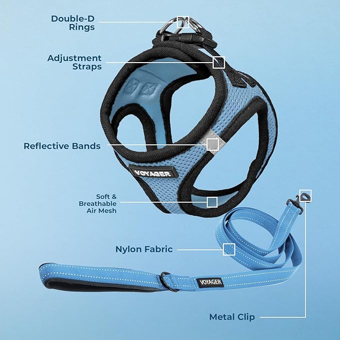 Best Pet Supplies Voyager Step-in Air All Weather Mesh Harness and Reflective Dog 5 ft Leash Combo with Neoprene Handle, for Small, Medium and Large Breed Puppies - Baby Blue/Black Trim, X-Large