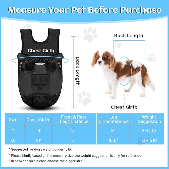 Petmolico Pet Dog Carrier Backpack, Adjustable Dog Legs-Out Front Backpack, Hands-Free Cat Pup Front Carrier Travel Bag, Easy-fit for Traveling Hiking for Small Medium Dogs, XL, Black