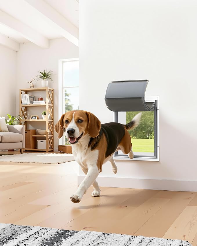 Pet Dog Door for Wall - Robust Steel Pet Door with Magnetic Triple Flaps, 12.6" x 10" Flap Opening, Adjustable Tunnel for 3.4"-6" Thick PVC, Wood, Drywall, for Pets Up to 45lb, White