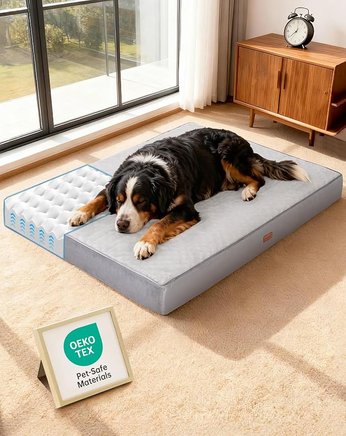 OhGeni Orthopedic Waterproof Dog Bed for Extra Large Dogs, Machine-Washable Removable Cover in Easy-Clean Fabric, High Density Foam & Easy-Carry Handle, Wider and Larger, 54 inch (Gray)