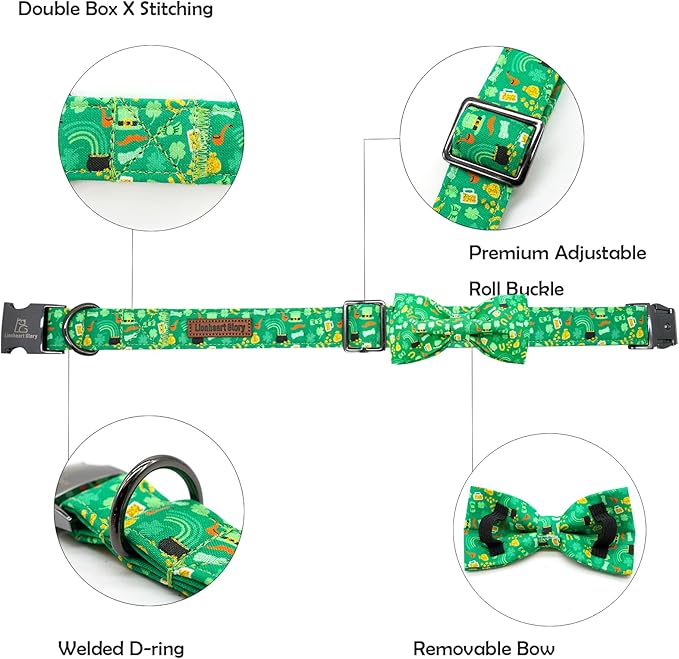 Lionheart glory Dog Bow Collar St. Patrick's Day Dog Collar for Medium Dogs, Adjustable Green Collars Lucky Clover Shamrock Dog Collar with Bowtie Pet Collar Bows