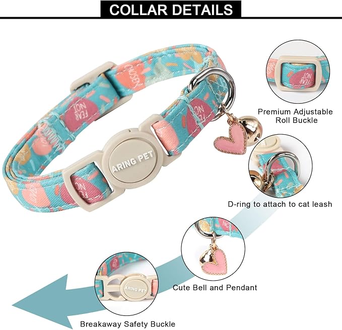 ARING PET 2 Pack Valentine's Day Cat Collars-Cute Heart Cat Collar Breakaway with Bell&Pendant, Adjustable Valentine Kitten Collars with Safety Buckle for Girl and Boy Cats