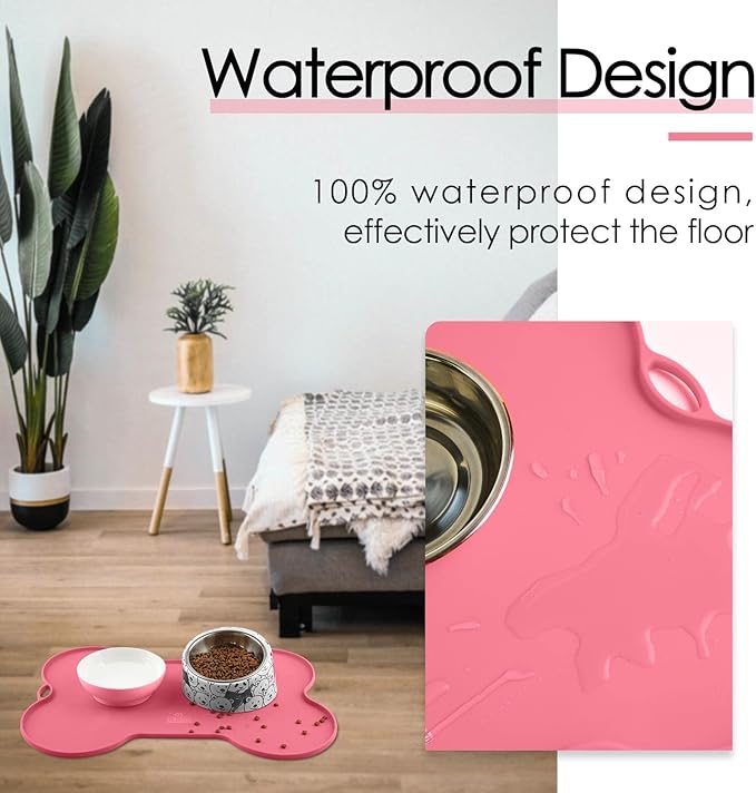 Super Design Dog Food Mat Dog Bowl Mat for Food and Water Silicone Non Spill Cat Feeding Mat Puppy Placemat Waterproof - 20.5" x 14.5", Pink