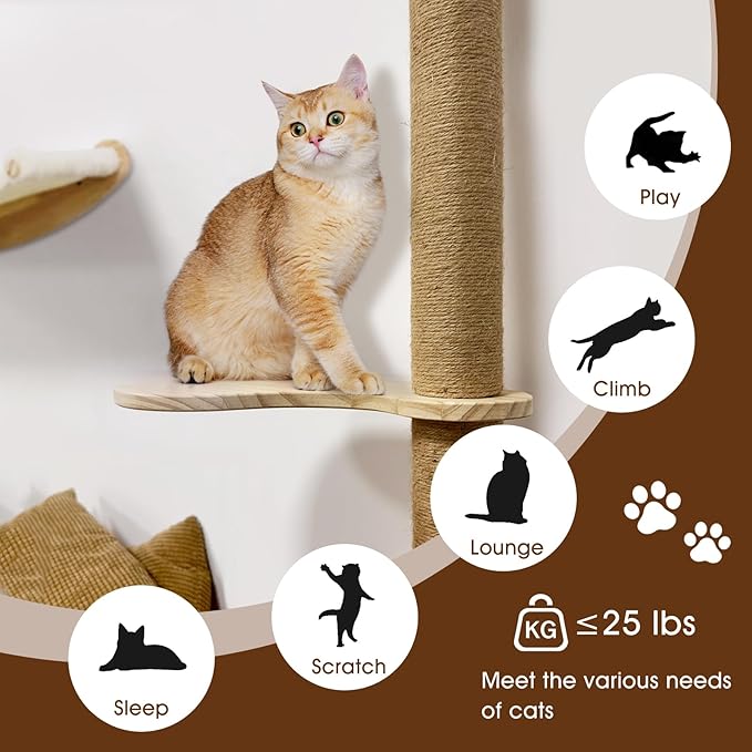 Wall Mount Cat Wall Shelves – Hammock, Scratching Post with Landing, Two Jumping Steps – Cat Furniture and Shelves up to 30 lbs, Set of 4