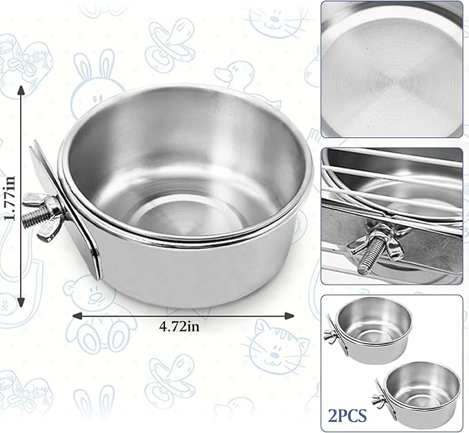 PINVNBY Parrot Feeding Cups Birds Food Dish Stainless Steel Parrot Feeders Water Cage Bowls with Clamp Holder for Cockatiel Conure Parakeet Macaw Small Animal (2PCS, Size: M)