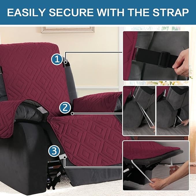H.VERSAILTEX Reversible Quilted Recliner Covers Water Resistant Furniture Protector for Reclienr Chair with Elastic Straps for Pets Kids Sitting Width Up to 28"(Oversized Recliner, Red/Tan)