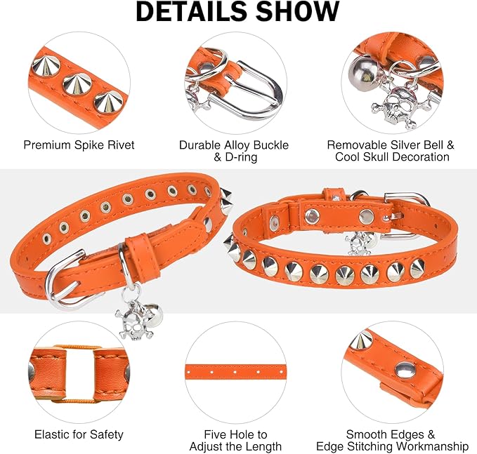 Leather Cat Collars for Boy Girl Cats with Bell and Safety Elastic Belt, Personalized Rivets Stud Adjustable Safe Buckle Collar with Skull Charm for Kitty Small Pets, Halloween Cat Collar