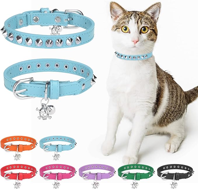 Leather Cat Collars for Boy Girl Cats with Bell and Safety Elastic Belt, Personalized Rivets Stud Adjustable Safe Buckle Collar with Skull Charm for Kitty Small Pets, Light Blue