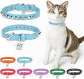 Leather Cat Collars for Boy Girl Cats with Bell and Safety Elastic Belt, Personalized Rivets Stud Adjustable Safe Buckle Collar with Skull Charm for Kitty Small Pets, Light Blue