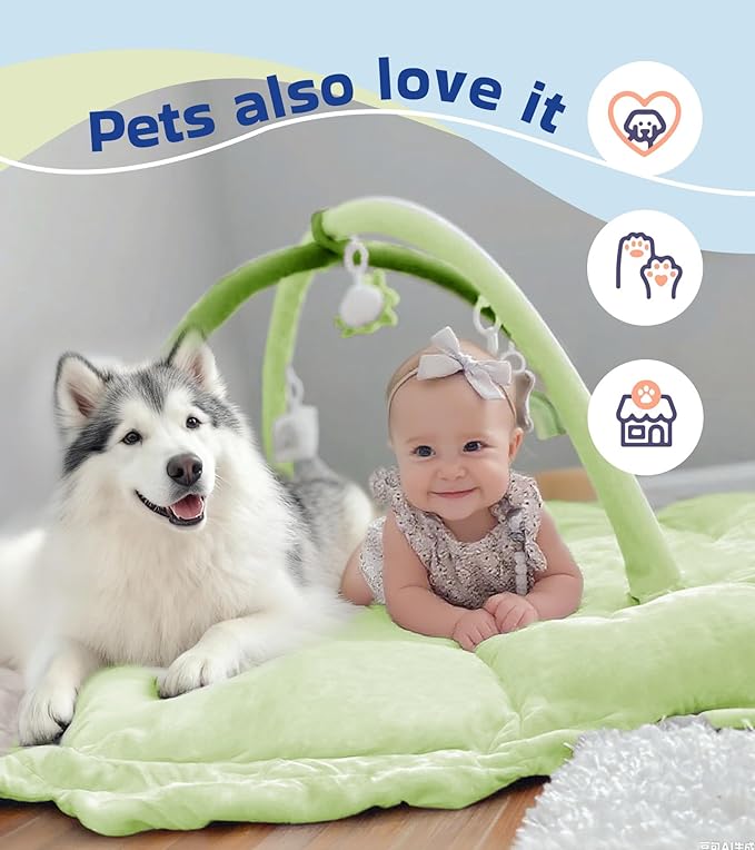 HAN-MM 5-in-1 Convertible Baby Play Gym with 6 Toys, Tummy Time Mat for Sensory Development, Baby Activity Center from Newborn to Toddler, Ball Pit, Soft Plush Pet Mat, Green