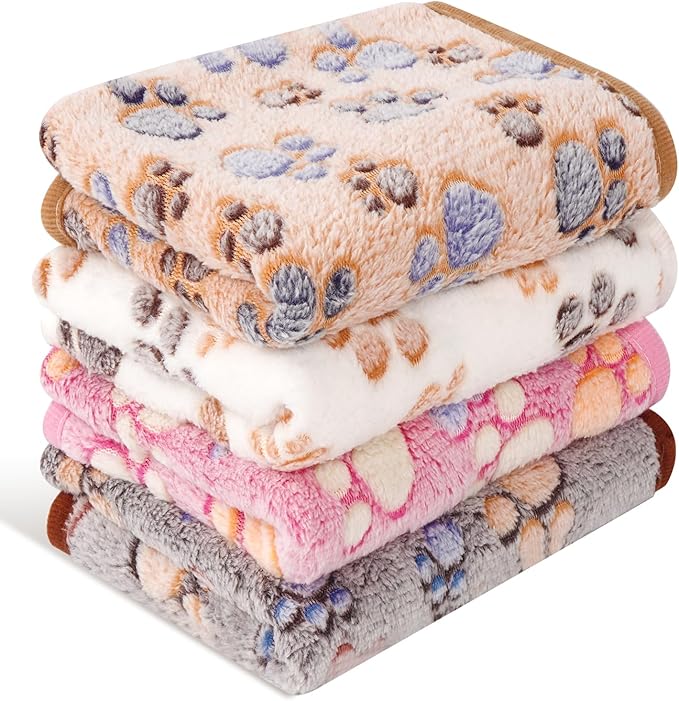 4 Pack Premium Soft Pet Blankets Washable, 23" x 16" Flannel Blankets for Dog Puppy Cat, Brown/Pink/White/Coffee