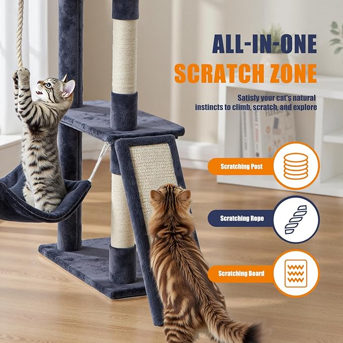 Large Cat Tree 63 Inch, Multi-Level Tall Cat Tree Tower with Condo, Perch, Sisal Scratching Posts Board and Hammock, Pet Play House with Dangling Balls for Indoor Cats, Dark Grey