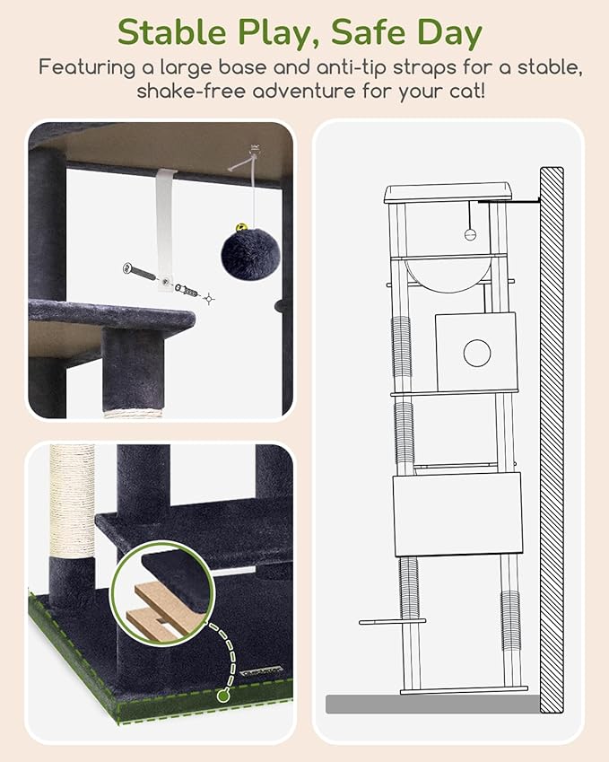 Globlazer Heavy Duty Cat Tree, 74in Sturdy Cat Tower for Large Cats Adult, Big Cat Tree with 7 Sisal Scratching Posts, 2 Padded Condos, 2 Dual-Ear Hanging Baskets, Enlarged Top Perch, S74, Dark Grey