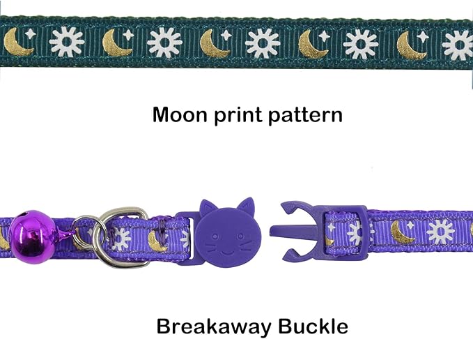 3 PCS Breakaway Cat Collar with Bell, Moon Cat Collar Adjustable Cute Kitten Collars Soft for Cat Puppy 7-10.2in (Blue Green Purple)