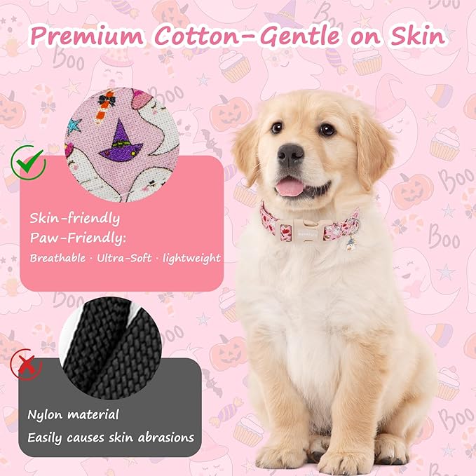 Halloween Dog Collar, Fall Dog Collars for Small Dogs, Cute Pink Puppy Collar with Adorable Ghost & Pumpkin Design, Soft Cotton Small Dog Collars Girl Boy Dog Collar-S