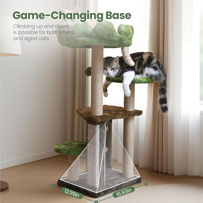 Cat Tree, 37.4-Inch Cat Tower with Plush Cozy Perch for Indoor Cats, Sturdy Tower with Fully Sisal-Wrapped Columns and Plush Toy Ball for Kitty Play, Green