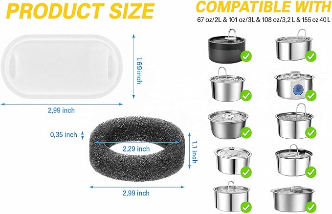 Fountain Filter Replacement Set – 18 Pack (6 Carbon Filters + 6 Pump Sponges + 6 Pre-Filters) – Compatible with Stainless Steel Cat & Dog Water Fountains – BPA-Free, Triple Filtration