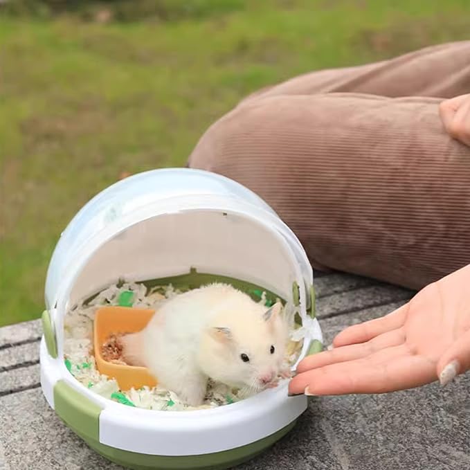 Portable Pet Travel Carrier with Water Bottle, Safety Lock, 6.3 inch Diameter, White and Green, Small Animal Transport Case for Hamster, Turtle, Bird