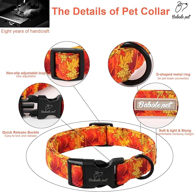 Fall Dog Collar, Gold Maple Leaves Pattern Fall Thansgiving Puppy Collar, Soft Adjustable Cotton Holiday Dog Collars for Small Medium Large Boy&Girl Dogs XS