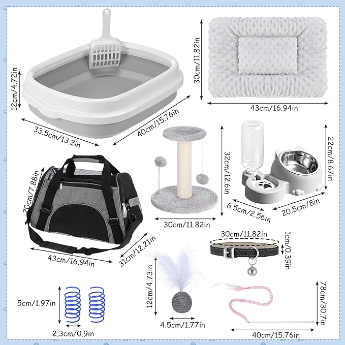 Eccliy Kitten Starter Kit, 10 Pcs Cat Starter Kit for Indoor Cats Kitten Essentials Includes Litter Box, Pet Toy, Folding Carrier, Climbing Frame, Mat, Collar, Automatic Food Bow(Cute,Gray)