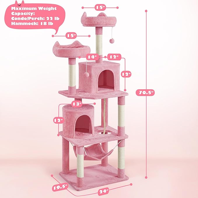 Topeakmart 70.5in Cat Tree, Cat Furniture with 2 Condos & 2 Foam-Padded Perches & Scratching Post & Fur Ball, Cat Tower for Indoor Cats