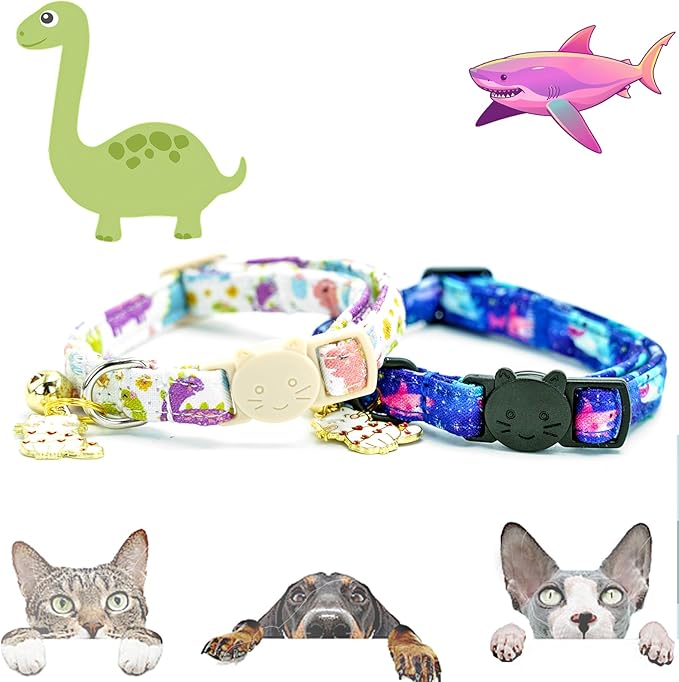 Elegant little tail 2 Pack Cat Collar-Dinosaur & Shark Cotton Breakaway Cat Collars with Bell Pendant Kitten Boy Cats Safety Adjustable Collar for Small Cats Puppy