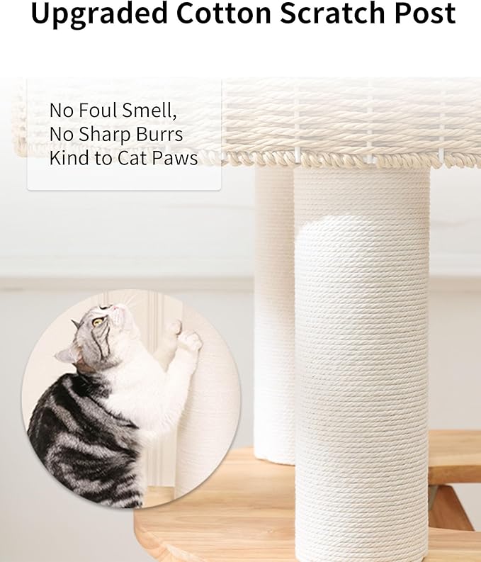 Wood Cat Tree for Large Cats, Modern Cat Tree Tower with Wide Shelves Cotton Scratching Posts, Super Sturdy Base, Cozy Perches, and Interactive Toys for Indoor Kittens