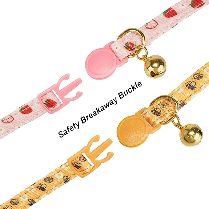 Bowtie Cat Collar with Bell 2 Pack Stylish Breakaway Kitten Collars with Removeable Bowknot,Yellow Bee & Pink Strawberry