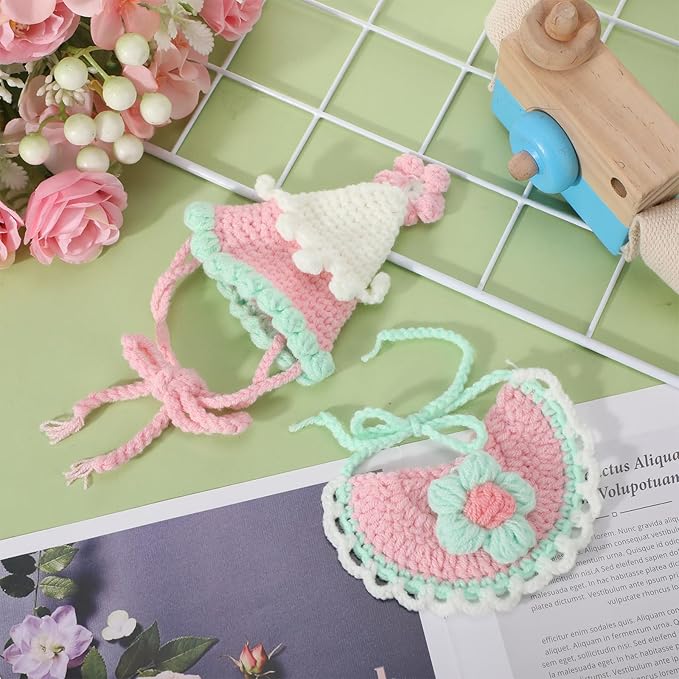 Sanwuta 2 Pcs Cat Birthday Party Supplies, Knit Cat Hat Kitten Birthday Bib Knit Bandana Pet Party Costume Headwear Accessories for Puppy Kitten Small Dogs Animals(Pink)