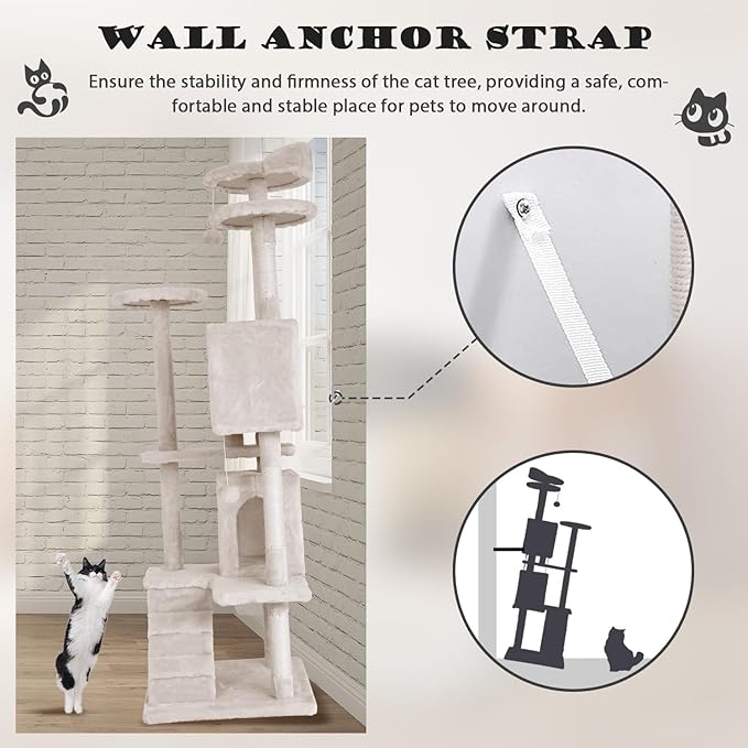 Heavy Duty Cat Tree Tower, 70" Tall Cat Tower for Indoor Cats with Cat Scratching Post with Bed, Cat Condo, Hanging Ball, Multi-Level Cat Climbing Tower Cat Trees Furniture Activity Center, Beige