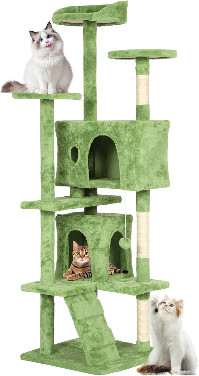 FDW | 70" Cat Tree Tower | Green | Multi-Level Indoor Activity Center with Sisal Scratching Posts, Condos, Plush Perches, Hanging Cat Toys | Sturdy, Easy to Assemble | for Kittens & Adult Cats