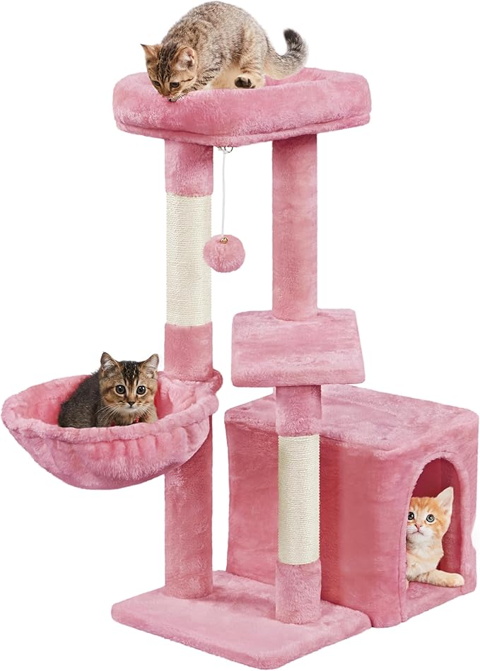 Topeakmart Cat Tree Tower for Indoor Cats, 34.5in Cute Kitten Tree Activity Center with Condo & Scratching Post, Multi-Level Pet Climbing Tower Play House w/Large Perch, Platform, Basket, Pink
