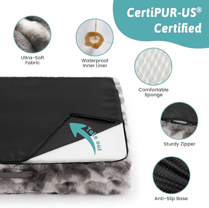 Orthopedic Dog Bed for Large Medium Size Dog, Soft and Warm Faux Fur Sofa for Pet Up to 75 lbs, Foam Bolster Anti-Slip Couch with Washable Removable Cover, L 36x27x6.5 inch, Tie Dye Grey