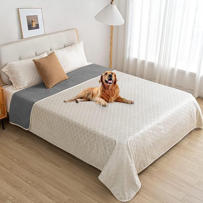 fuguitex Waterproof Dog Blanket Bed Cover Dog Crystal Velvet Moroccan Fuzzy Cozy Plush Pet Blanket Throw Blanket for Couch Sofa(52 * 82 inch, Cream+Grey)