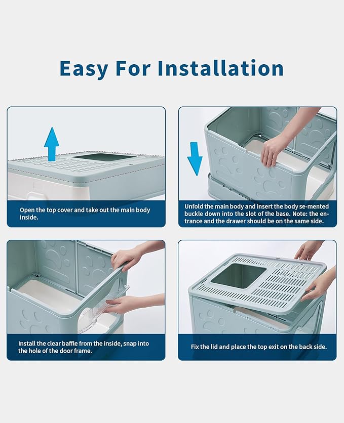Cat Litter Box with Litter Mat and Scoop, Large Covered Litter Box with Lid, Front Entry Top Exit Kitty Box, Odor Control, Easy to Clean (Blue)