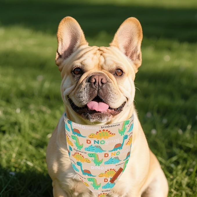 ADOGGYGO Dinosaur Dog Bandanas 2 Pack, Reversible Colorful Animal Pet Scarf, Premium Fabric, Adjustable Fit Yellow Blue Dinosaur Bandanas for Small Dogs (Small)