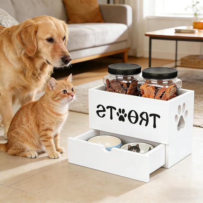 Dog Treat Jar for Countertop, 9.8 * 5.1 * 6'' 2 Layer Dog Treat Container with Drawer 2Jars and Sticker Wooden Pet Food Organizer Storage Basket For Pets Great Gift for Pets' Owners (White)