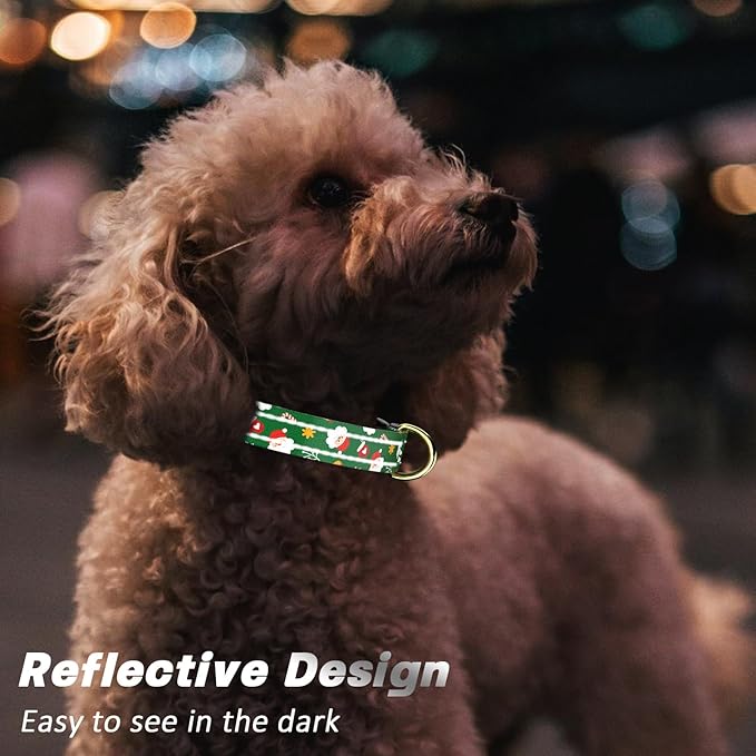 Reflective Dog Collar, Cute Christmas Style Dog Collar for Small Dogs, Soft Nylon Puppy Collar for Boy and Girl Female Dog, Adjustable Heavy-Duty Pet Collars with Quick Release Buckle, Green