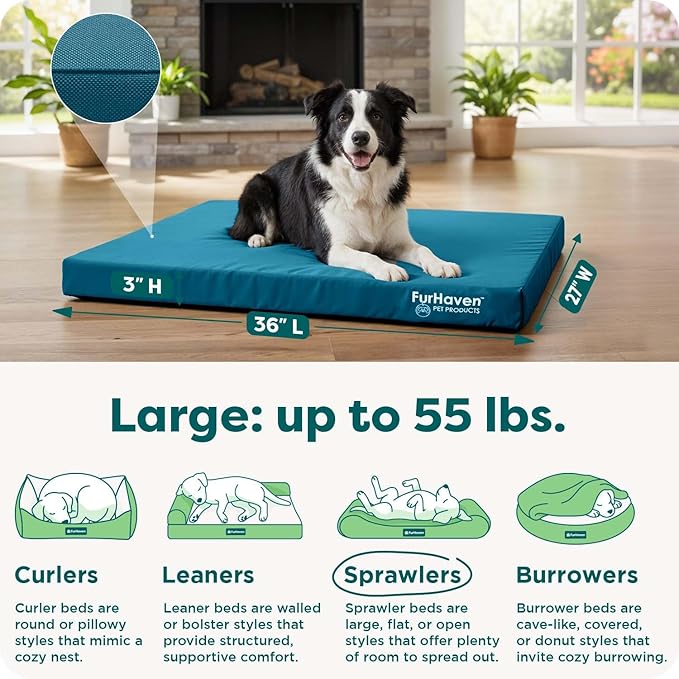 FurHaven Water-Resistant Orthopedic Dog Bed for Large Dogs, Oxford Polycanvas Mattress with Orthopedic Solid Slab Foam for Joint Support, Removable Washable Cover, Large, Deep Lagoon