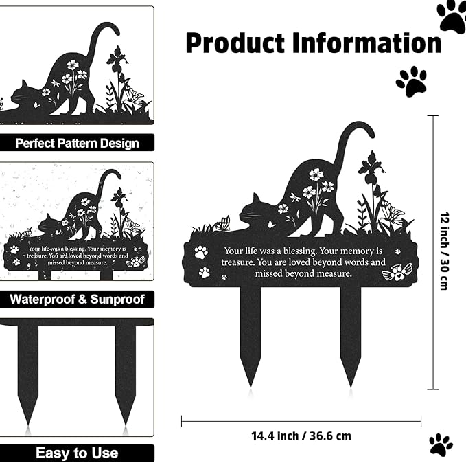 Grave Markers for Cemetery for Cat, Metal Grave Markers Yard Memorial Pet, Decorations for Cemetery for Loss of Cat Outdoors Garden Stake Decor (12 X 14.5 Inches)