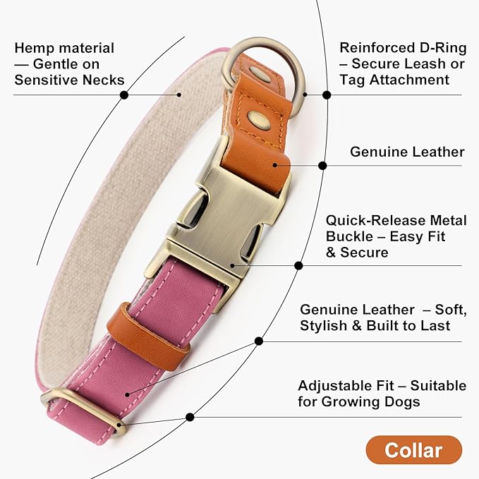 Plutus Pet Genuine Leather & Hemp Dog Collar – Adjustable Heavy Duty Pet Collar with Quick Release Metal Buckle, Soft & Stylish for Puppy and Small, Medium, Large Dogs (Pink, S)