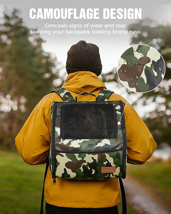 PETUX Cat Backpack Carrier for Small Cat ＆ Dog up to 12 lb - Camouflage Style, Escape-Proof, Widened Interior, 3 Side Breathable Soft Sided Dog Backpack Carrier for Travel, Hiking and Vet - Green