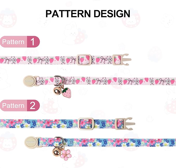 Lionet Paws 2pcs Pack Cotton Cat Collar,Breakaway Buckle with Floral Strawberry Bow and Flower Pendant Cute Adjustable Cat Kitten Collar,Ideal for Girl Cats