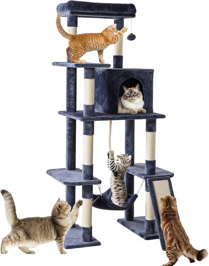 Large Cat Tree 63 Inch, Multi-Level Tall Cat Tree Tower with Condo, Perch, Sisal Scratching Posts Board and Hammock, Pet Play House with Dangling Balls for Indoor Cats, Dark Grey