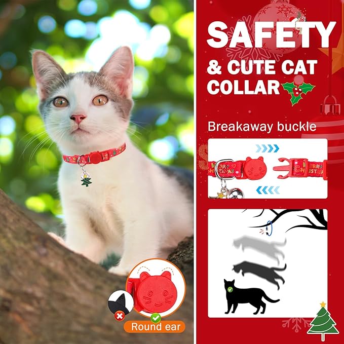 SCENEREAL Christmas Breakaway Cat Collar with Bells, Safety Buckle Soft Adjustable Cats Collars for Daily Wearing, Kitten Puppy Personalised Collars for Dogs Girl Boy