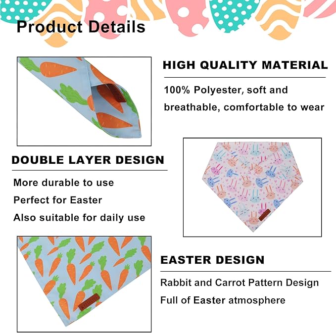 ADOGGYGO Easter Dog Bandanas 2 Pack, Reversible Bunny Carrot Print Puppy Scarf, Premium Fabric, Adjustable Fit Easter Bandana for Small Dogs (Small)
