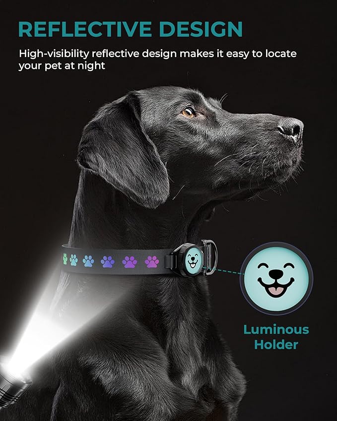 Dog Collar with Airtag Holder, IP67 Waterproof Reflective AirTag Dog Collars for Medium & Large Dogs, Adjustable Pet Collar with Twist-Lock Holder & Green Glow for Night (L, 13.8"-20.1", Black)